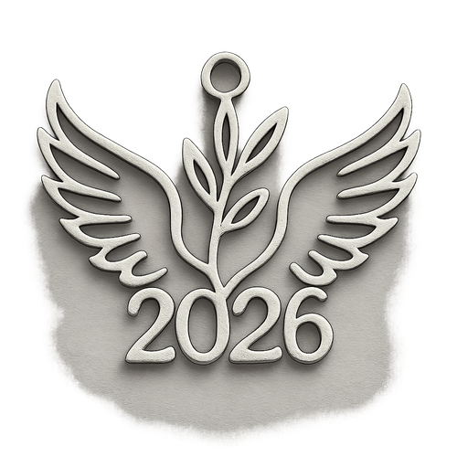 Silver cut-out charm only with  two spread out bird wings, an olive branch and  along year 2026