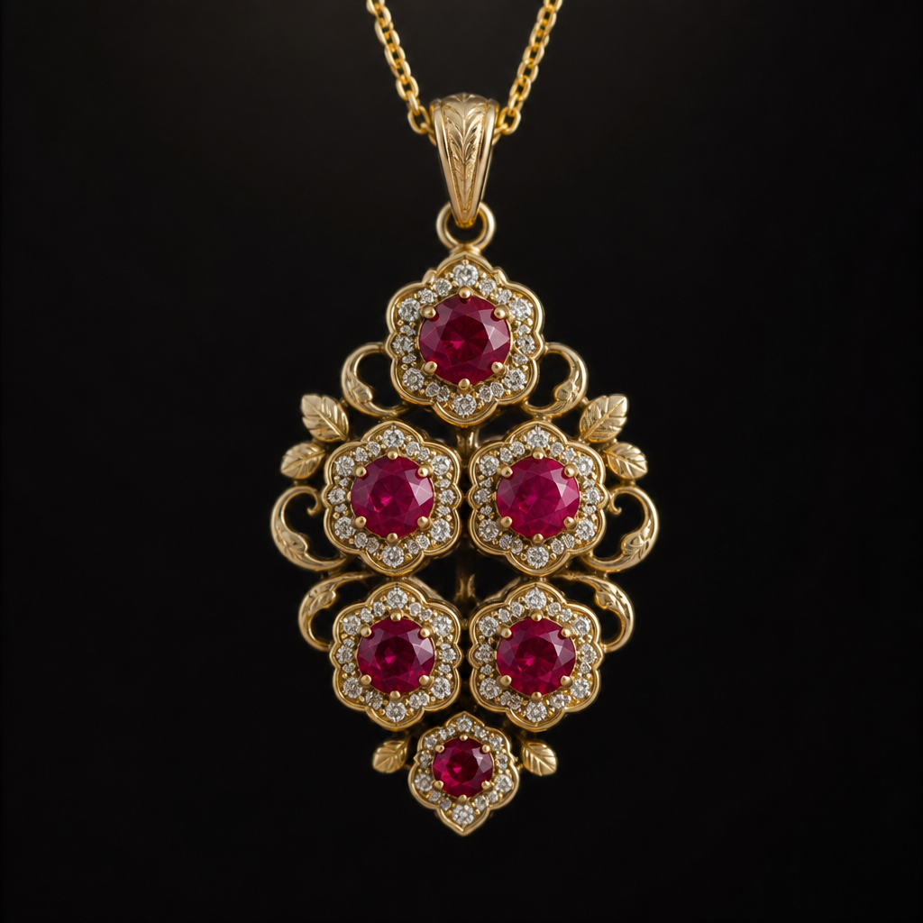 A vintage women's necklace. ဖေါ်ပြပါပုံတွင်ပါသော တစ်ပွင့်တစ်ကလပ်ဆိုဒ် ပန်းနီလာ ကျောက် ၆ ပွင့်ကို ခေတ်မှီသော ဆွဲသီးပုံ ဒီဇိုင်း ဖန်တည်းပေးပါလား။
photorealistic jewelry design, A vintage women's necklace. ဖေါ်ပြပါပုံတွင်ပါသော တစ်ပွင့်တစ်ကလပ်ဆိုဒ် ပန်းနီလာ ကျောက် ၆ ပွင့်ကို ခေတ်မှီသော ဆွဲသီးပုံ ဒီဇိုင်း ဖန်တည်းပေးပါလား။, vintage style, just the design no text
