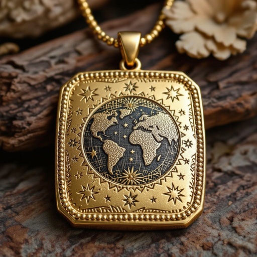 Золотой матовый медальон в форме неровного прямоугольника с округлыми краями. По краям выпуклые точки сплошной линией. На прямоугольнике разные мелкие узоры вырезаны. Символически изображена земля и звезды