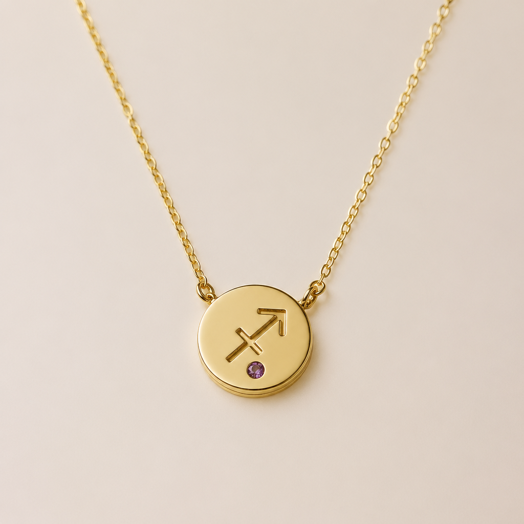 A minimalist women's necklace made of gold with amethyst stones suitable for daily wear. um colar com fio dourado, ouro, a joia em um circulo pequeno cheio , cravado em si o signo de sagitário contendo no seu centro um estilhaço pequeno de amethyst. um fio elegante, discreto, com um toque de charme e delicado
photorealistic jewelry design, A minimalist women's necklace made of gold with amethyst stones suitable for daily wear. um colar com fio dourado, ouro, a joia em um circulo pequeno cheio , cravado em si o signo de sagitário contendo no seu centro um estilhaço pequeno de amethyst. um fio elegante, discreto, com um toque de charme e delicado, minimalist style, just the design no text