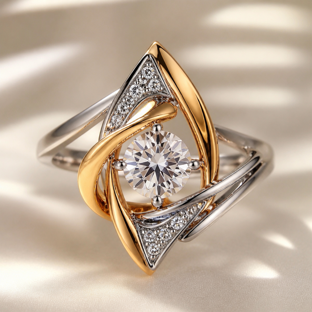 A avant-garde women's ring made of mixed metal with diamond stones suitable for festival. An extraordinary excellent beautiful delicate and elegant solitaire women ring. Face of the ring.
photorealistic jewelry design, A avant-garde women's ring made of mixed metal with diamond stones suitable for festival. An extraordinary excellent beautiful delicate and elegant solitaire women ring. Face of the ring., avant_garde style, just the design no text