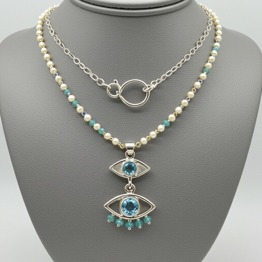 Тонкая цепочка с серебряными шариками и мелкими жемчужными камушками на цепочке есть кулон в форме глаза, зрачок глаза из аквамарина от глаза идет маленькая подвеска с маленькими камушками аквамарина 