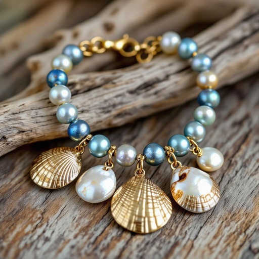 Sea inspired jewelry set, with different blue shades pearls and small shells and golden details