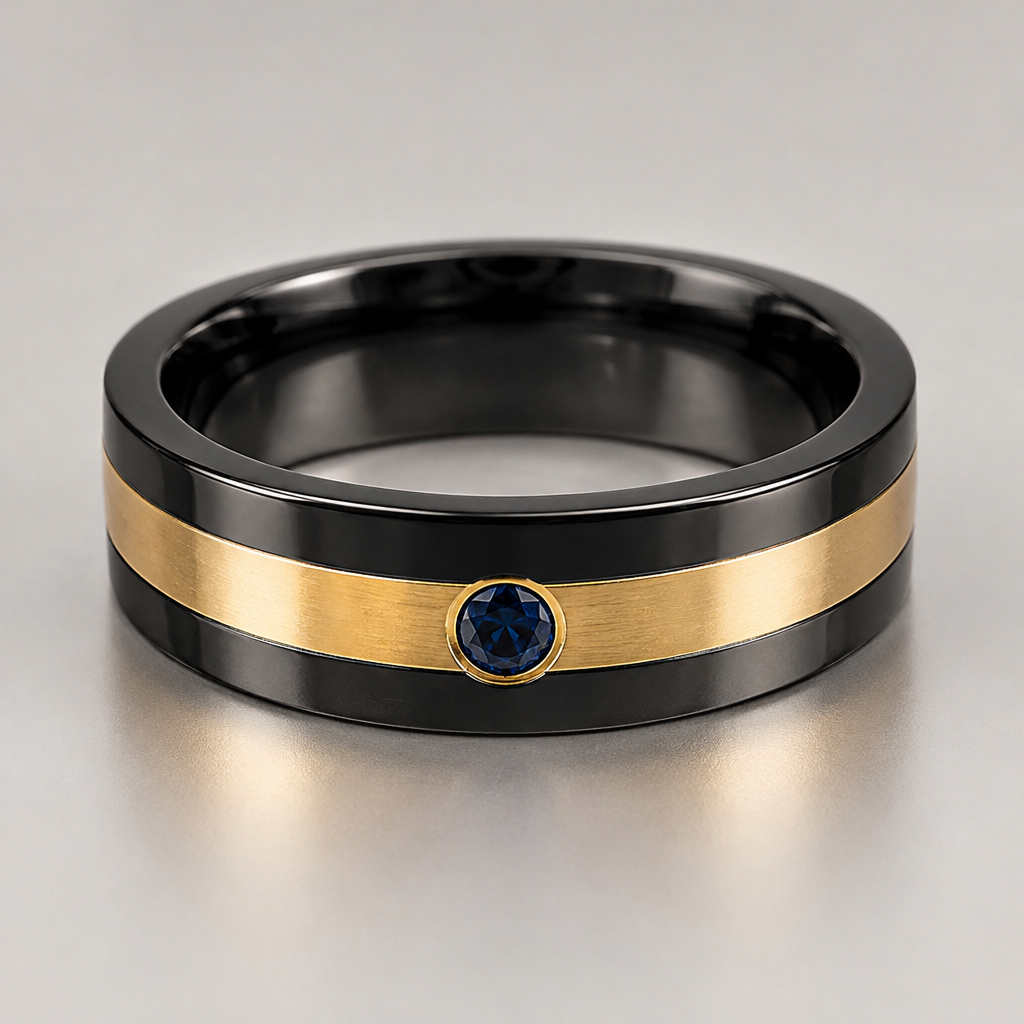 A men's ring. herrenring, Größe 58, breite 4-5mm. grundmaterial schwarze Keramik, ringsum einen Streifen in der Mitte der Breite aus Gelbgold, breite des Streifens ausgewogen zur Gesamtbreite, vorne einen dunkelblauen spinell eingesetzt, 2-3mm groß
photorealistic jewelry design, A men's ring. herrenring, Größe 58, breite 4-5mm. grundmaterial schwarze Keramik, ringsum einen Streifen in der Mitte der Breite aus Gelbgold, breite des Streifens ausgewogen zur Gesamtbreite, vorne einen dunkelblauen spinell eingesetzt, 2-3mm groß, modern style, just the design no text