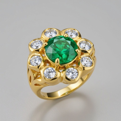 Anillo con Central de esmeralda redonda con 6 diamantes al rededor en oro amarillo 