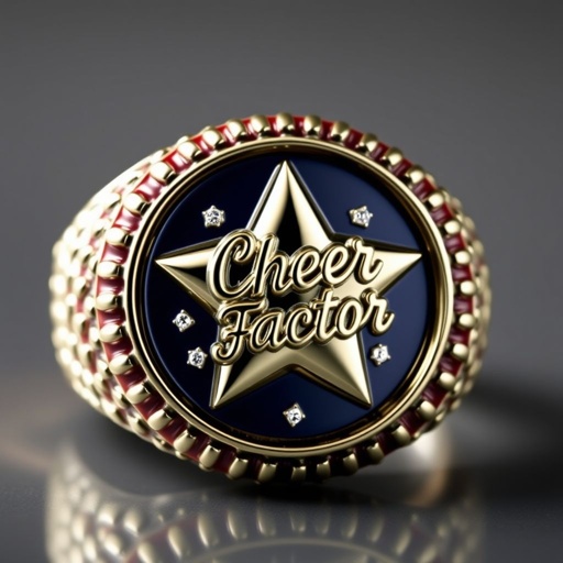 Red white and blue medal ring that says cheer factor