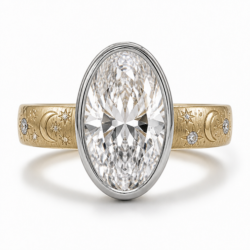 4mm band with more engraved celestial details
edit the attached jewelry design with these instructions: 4mm band with more engraved celestial details. keep it photorealistic, just the design no text