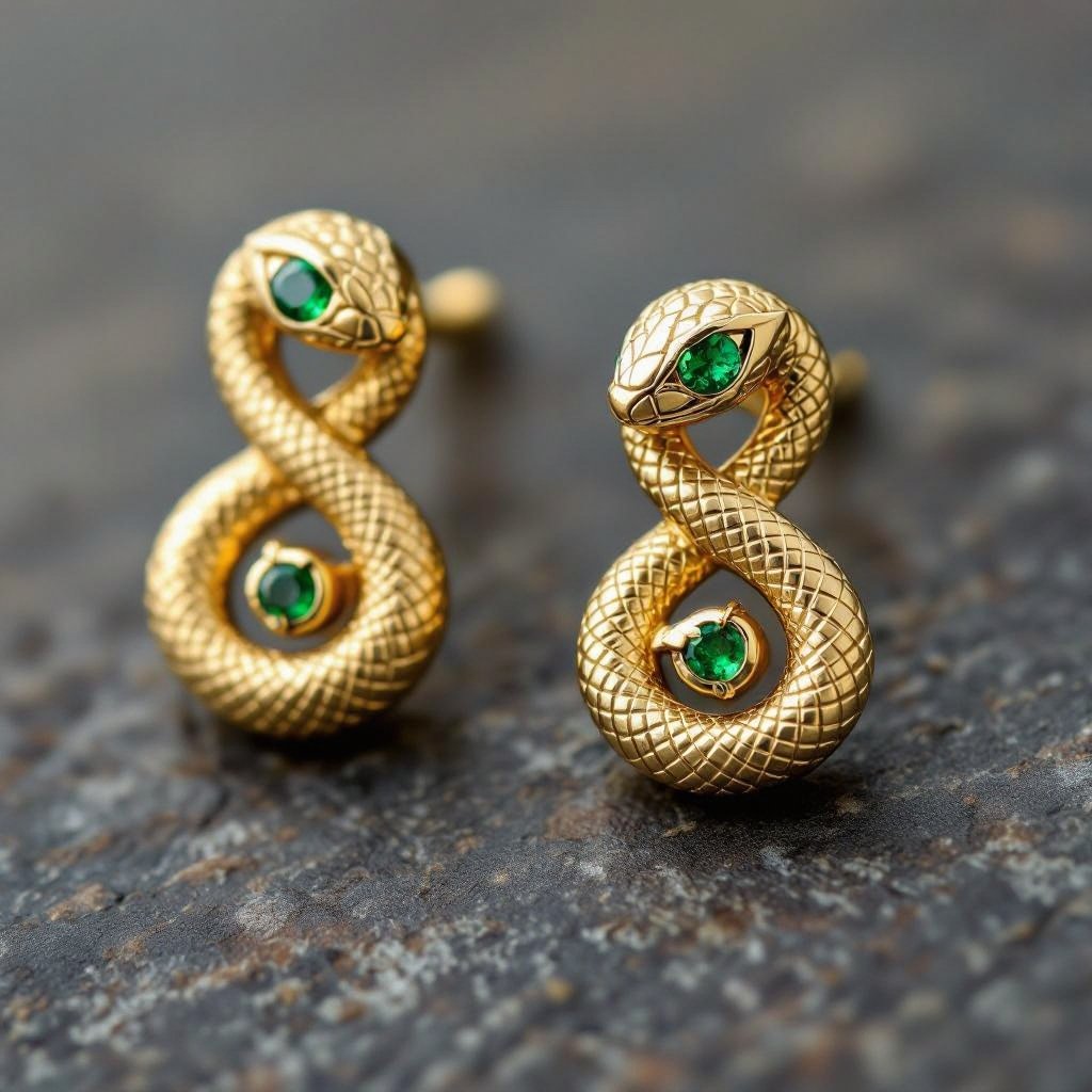 Небольшие золотые матовые серьги в виде символической змеи