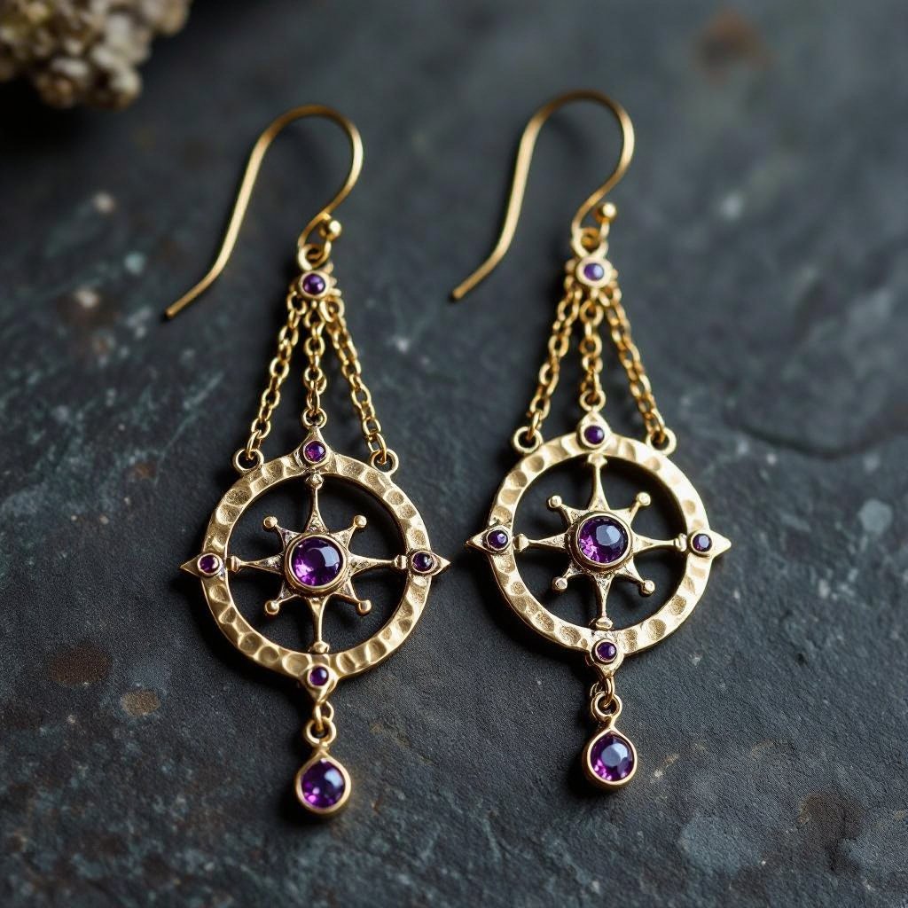 Серьги длинные на цепочках матовое золото мятое. Символ схематично созвездие. Маленькие фиолетовые камушки