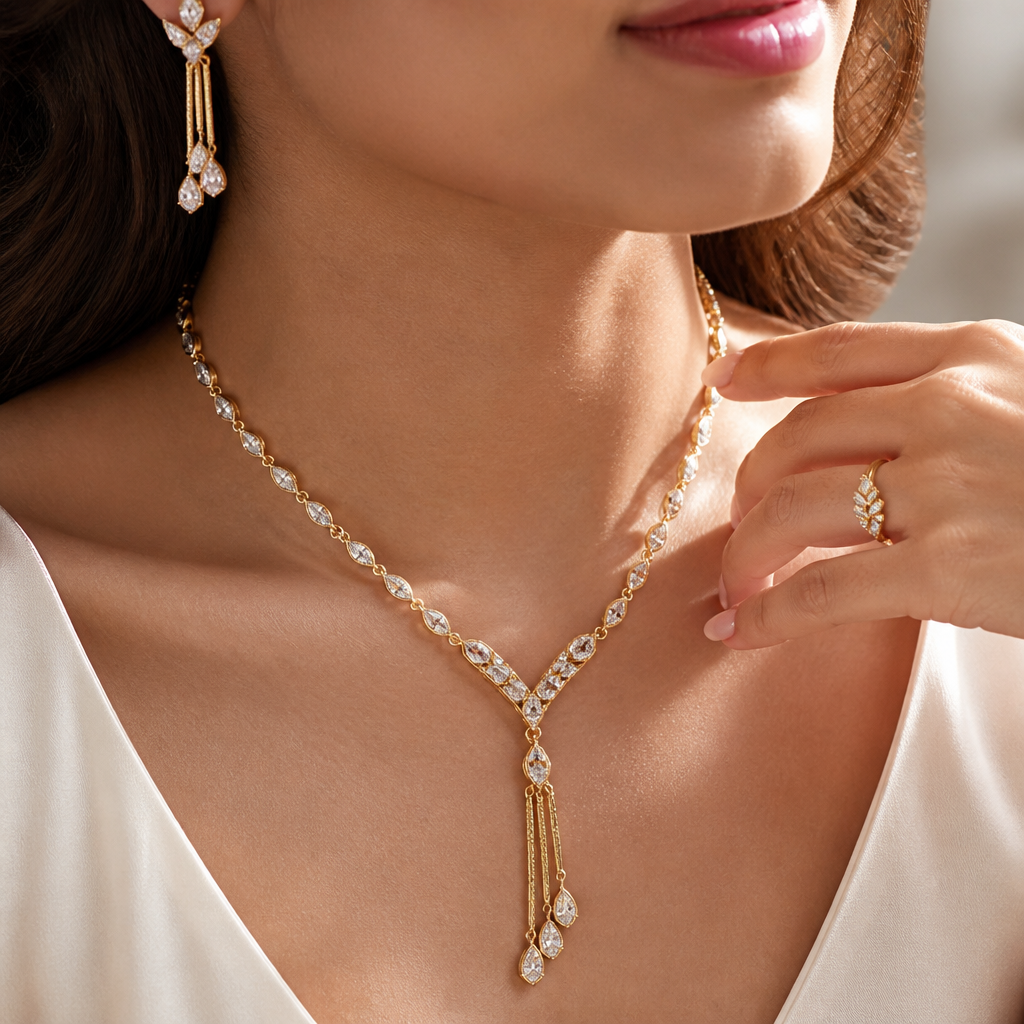 A women's necklace. Move the set of jewelry from the plastic model to a realistic model of modern woman.keep the smallest details of the set moved.apply shining light to rise its beauty .make a closeup view on the set.use a tag to put all attached information and price. Write Saleh Jewelry.
photorealistic jewelry design, A women's necklace. Move the set of jewelry from the plastic model to a realistic model of modern woman.keep the smallest details of the set moved.apply shining light to rise its beauty .make a closeup view on the set.use a tag to put all attached information and price. Write Saleh Jewelry., modern style, just the design no text