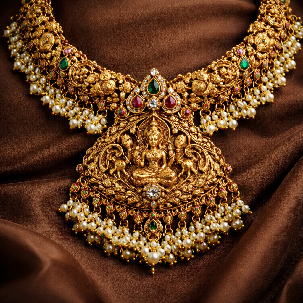 Short necklace: have good modern touch traditional design around the chain and for the pendant have it little big in size with gutta pusalu and give it in nakshi style