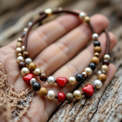 Necklace cute, intricate design, small, wood pearls and leather lace, with red hearts pearls and brown, beige and grey pearls
