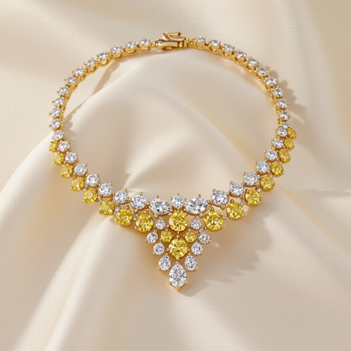 Curvy and abstract edges of architecture necklace of white diamonds and yellow diamonds
