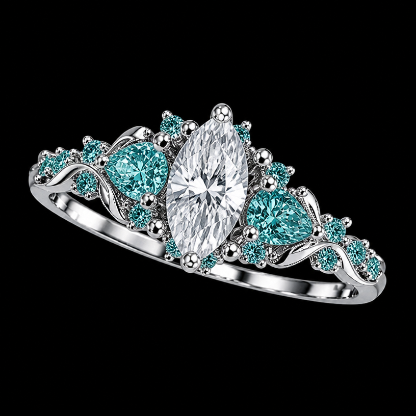 A women's ring made of white gold suitable for engagement, detailed and decorative, moderately ornate. quiero invertir los colores de las piedras, la del centro moissanita blanca corte marques y las demas verde azulado únicamente
using the attached image as a visual reference, create A women's ring made of white gold suitable for engagement, detailed and decorative, moderately ornate. quiero invertir los colores de las piedras, la del centro moissanita blanca corte marques y las demas verde azulado únicamente. photorealistic, just the design no text
