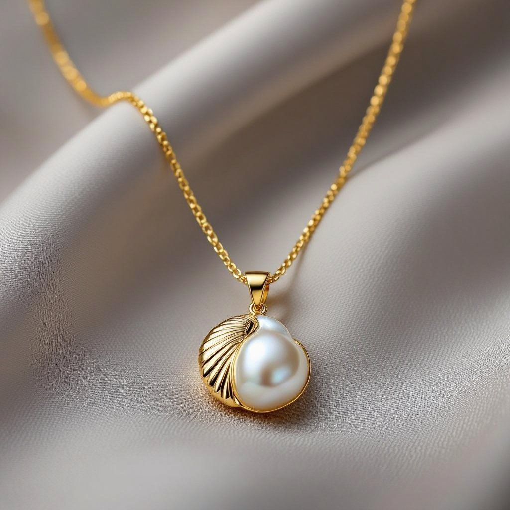 Украшение на шею золотая цепочка с подвеской в виде ракушки с жемчугом внутри