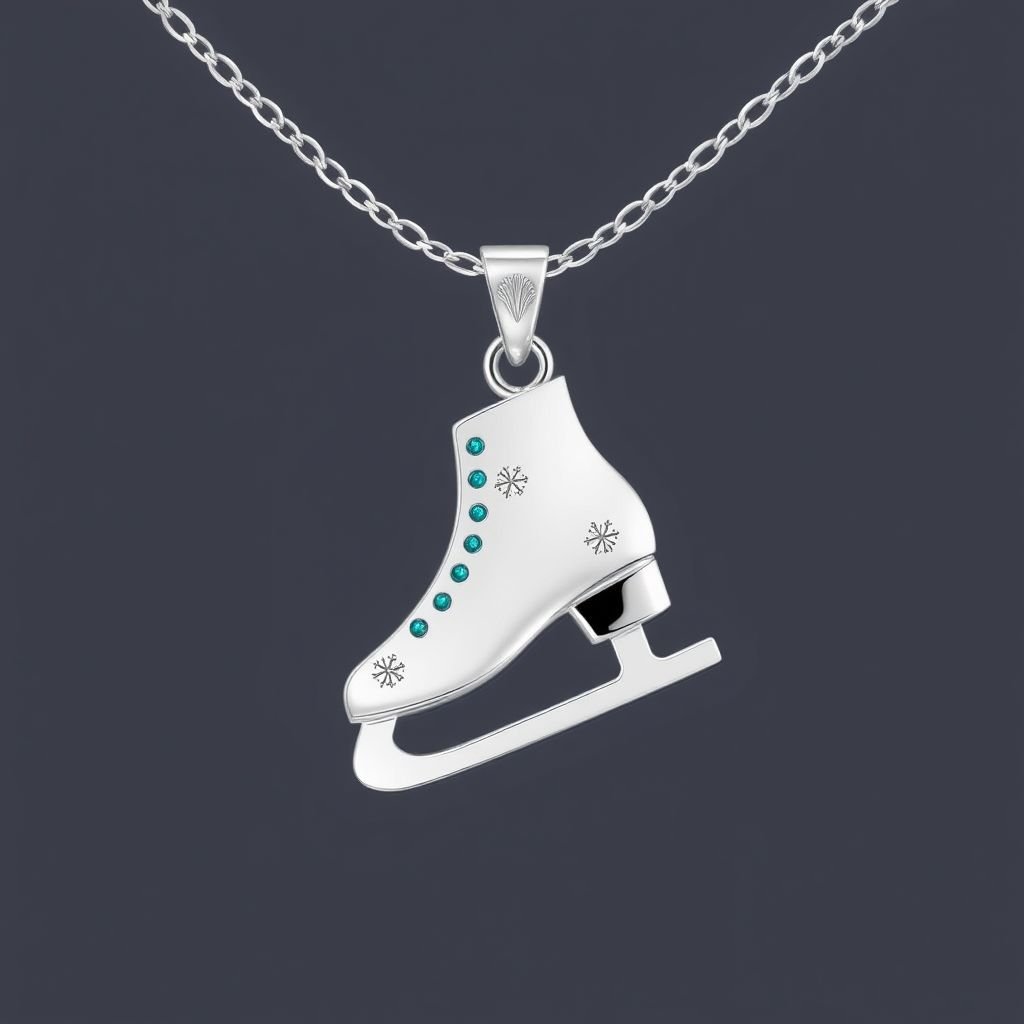 Silver Pendant shape one ice skate with turquoise stripe inside the low thin part blade 