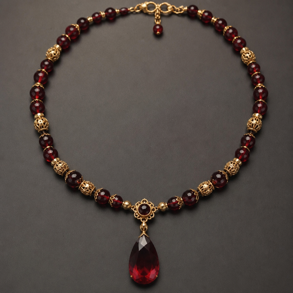 A vintage women's necklace made of gold with garnet stones. Garnet beads with gold tone metal and large teardrop gem pendent. The pendant can be without any metal- just the gemstone
photorealistic jewelry design, A vintage women's necklace made of gold with garnet stones. Garnet beads with gold tone metal and large teardrop gem pendent. The pendant can be without any metal- just the gemstone, vintage style, just the design no text