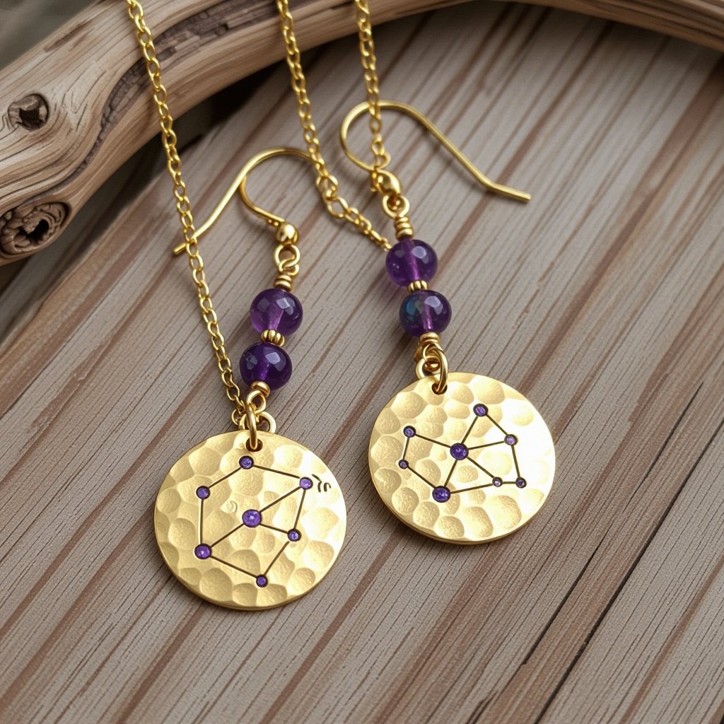 Серьги длинные на цепочках матовое золото мятое. Символ схематично созвездие. Маленькие фиолетовые камушки