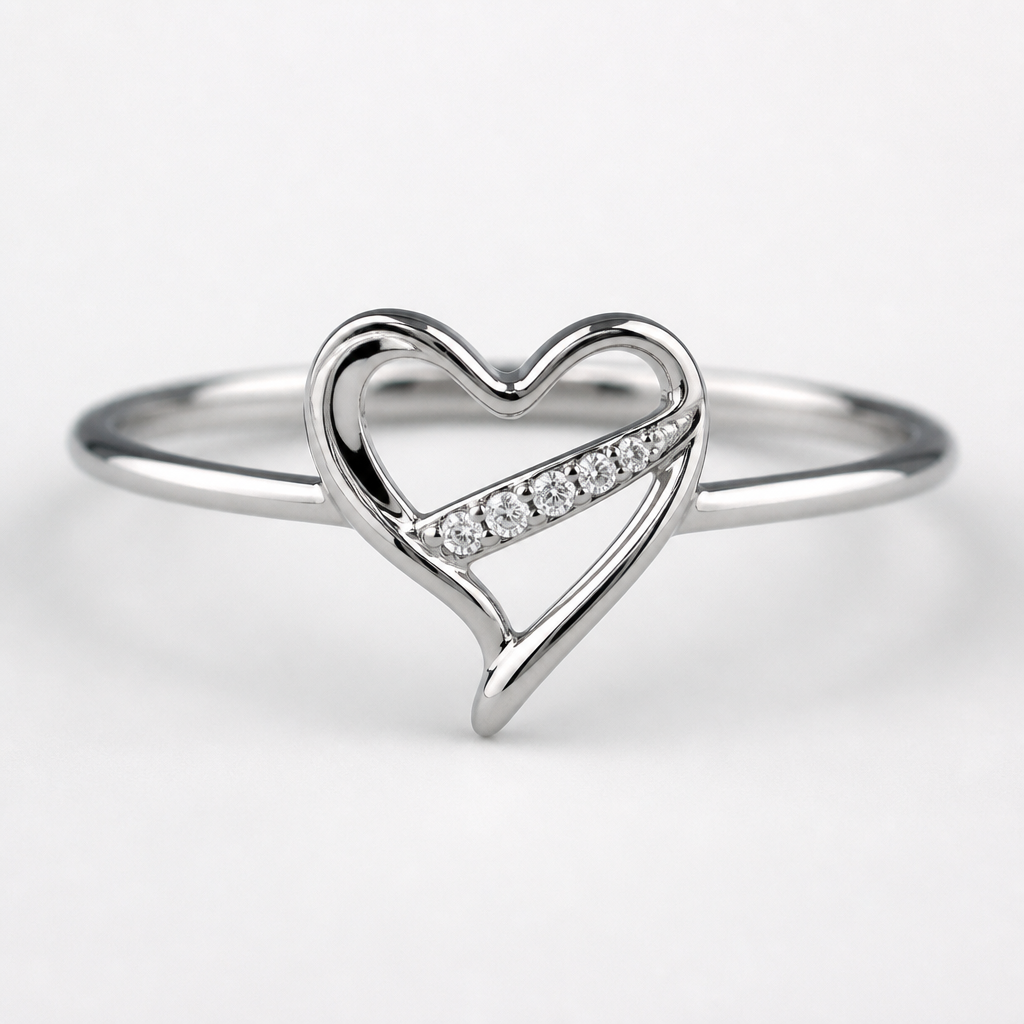 A women's ring made of silver with diamond stones. Coeur avec une ligne qui est dans le milieu du coeur avec des diamant, métal très mince et coeur torsadé
photorealistic jewelry design, A women's ring made of silver with diamond stones. Coeur avec une ligne qui est dans le milieu du coeur avec des diamant, métal très mince et coeur torsadé, modern style, just the design no text