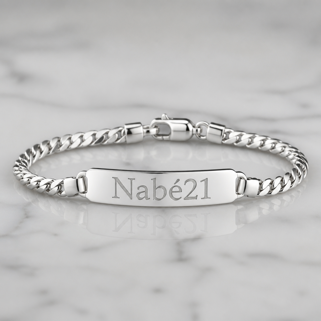 Un bracelet en argent avec le nom Nabé21 c’est pour mon gars mais ne met pas le de symbole juste le nom Nabé21
photorealistic jewelry design, Un bracelet en argent avec le nom Nabé21 c’est pour mon gars mais ne met pas le de symbole juste le nom Nabé21, just the design no text
