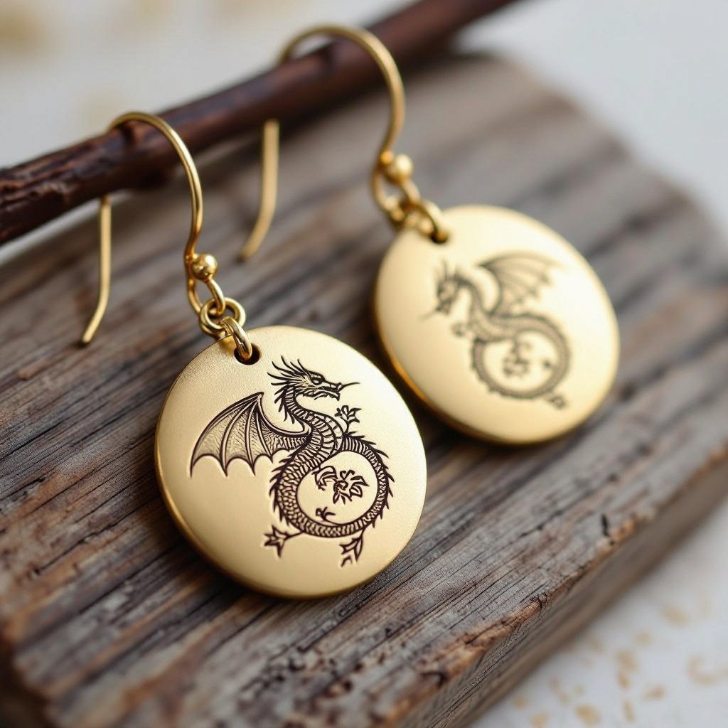 Золотые матовые серьги со схематическим изображением дракона узоры и камни мелкие раузтопаз