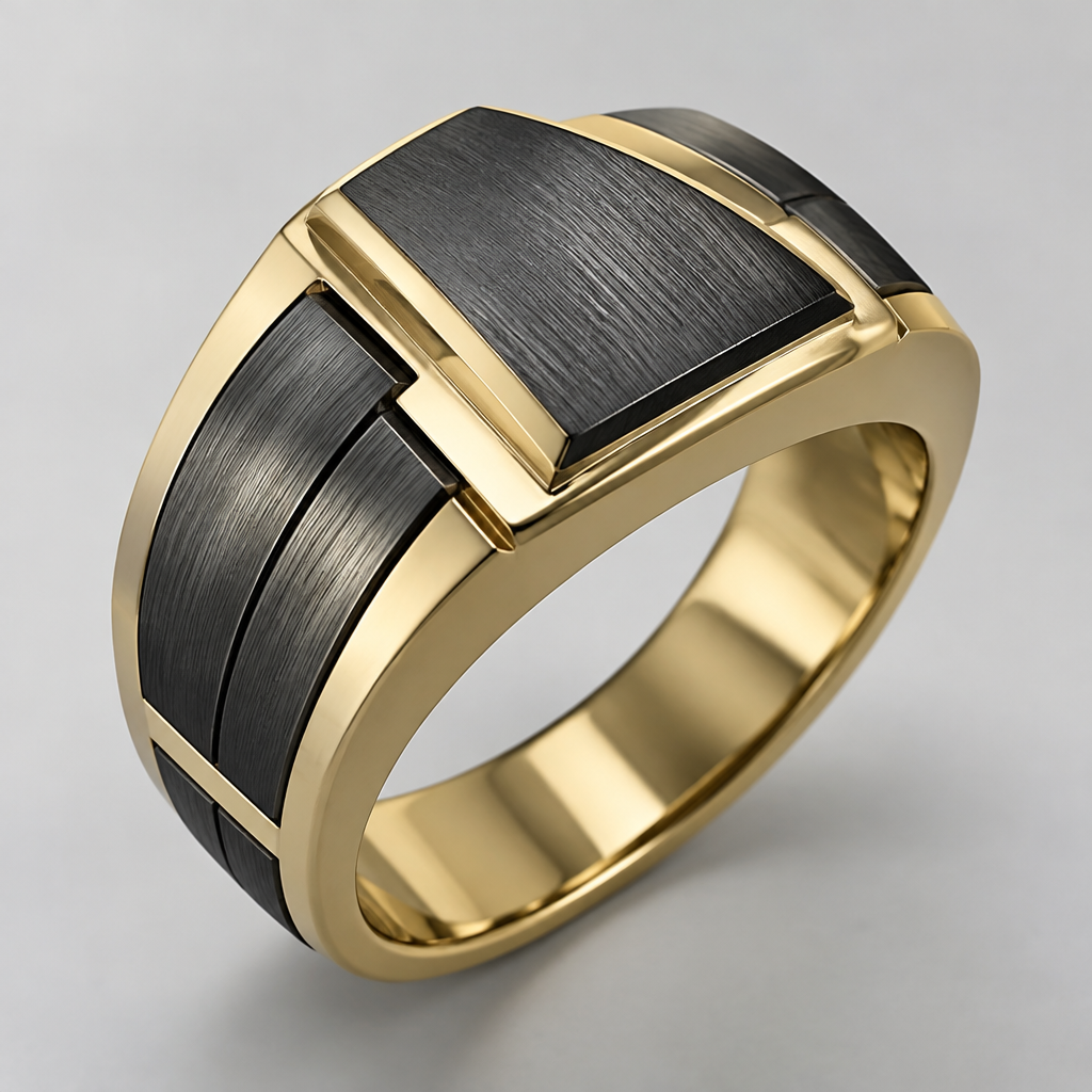 A men's ring. ...yellow gold with black ruthenium accents, two-tone finish...
photorealistic jewelry design, A men's ring. ...yellow gold with black ruthenium accents, two-tone finish..., modern style, just the design no text