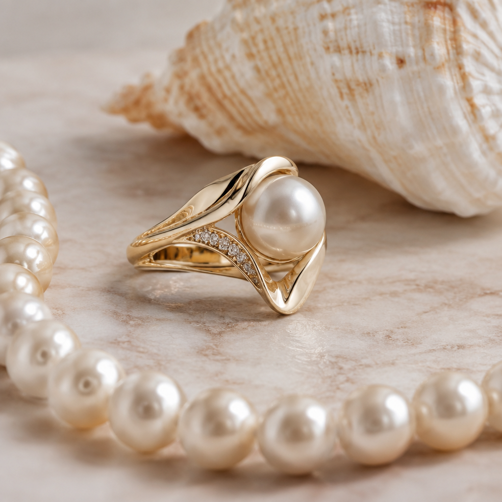 A women's ring. Behind it is a sea shell and in front of it is a pearl necklace.
photorealistic jewelry design, A women's ring. Behind it is a sea shell and in front of it is a pearl necklace., modern style, just the design no text
