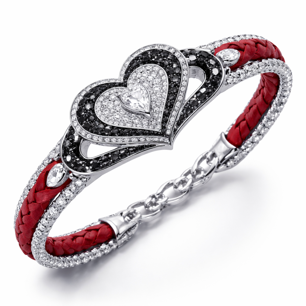 Geomatric bangle of heart of ede style and shape white black diamonds of love shape of little bit of stones and chain of red leather