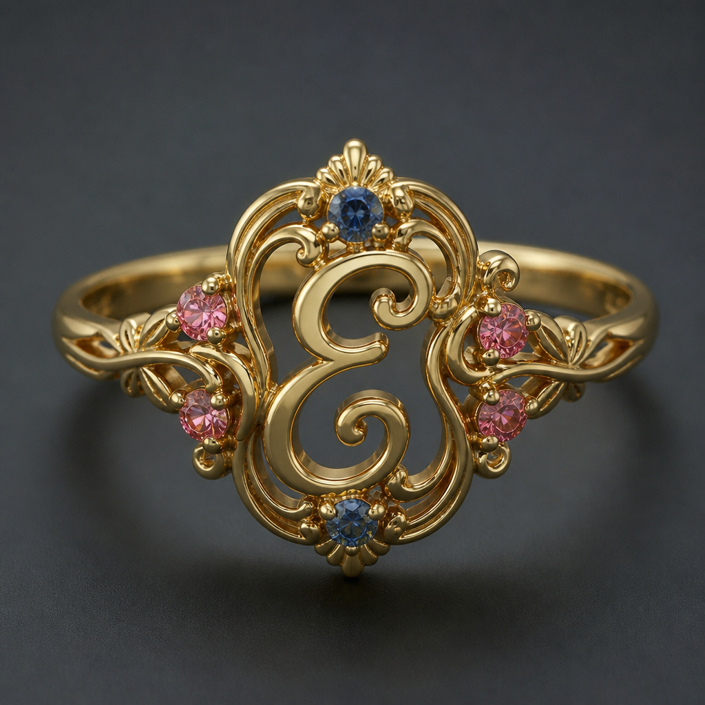 A art nouveau women's ring made of gold. um anel de 15 anos com inicial E com pedrinhas azul e pedrinhas rosa em volta
photorealistic jewelry design, A art nouveau women's ring made of gold. um anel de 15 anos com inicial E com pedrinhas azul e pedrinhas rosa em volta, art_nouveau style, just the design no text