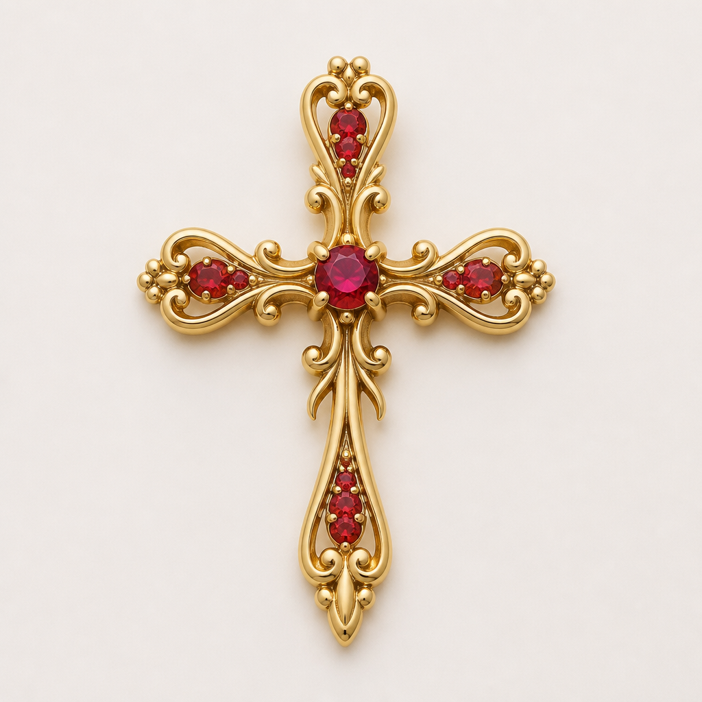 Dainty and feminine Gold cross with rubies, majority gold . Hidden bail
photorealistic jewelry design, Dainty and feminine Gold cross with rubies, majority gold . Hidden bail, romantic style, just the design no text