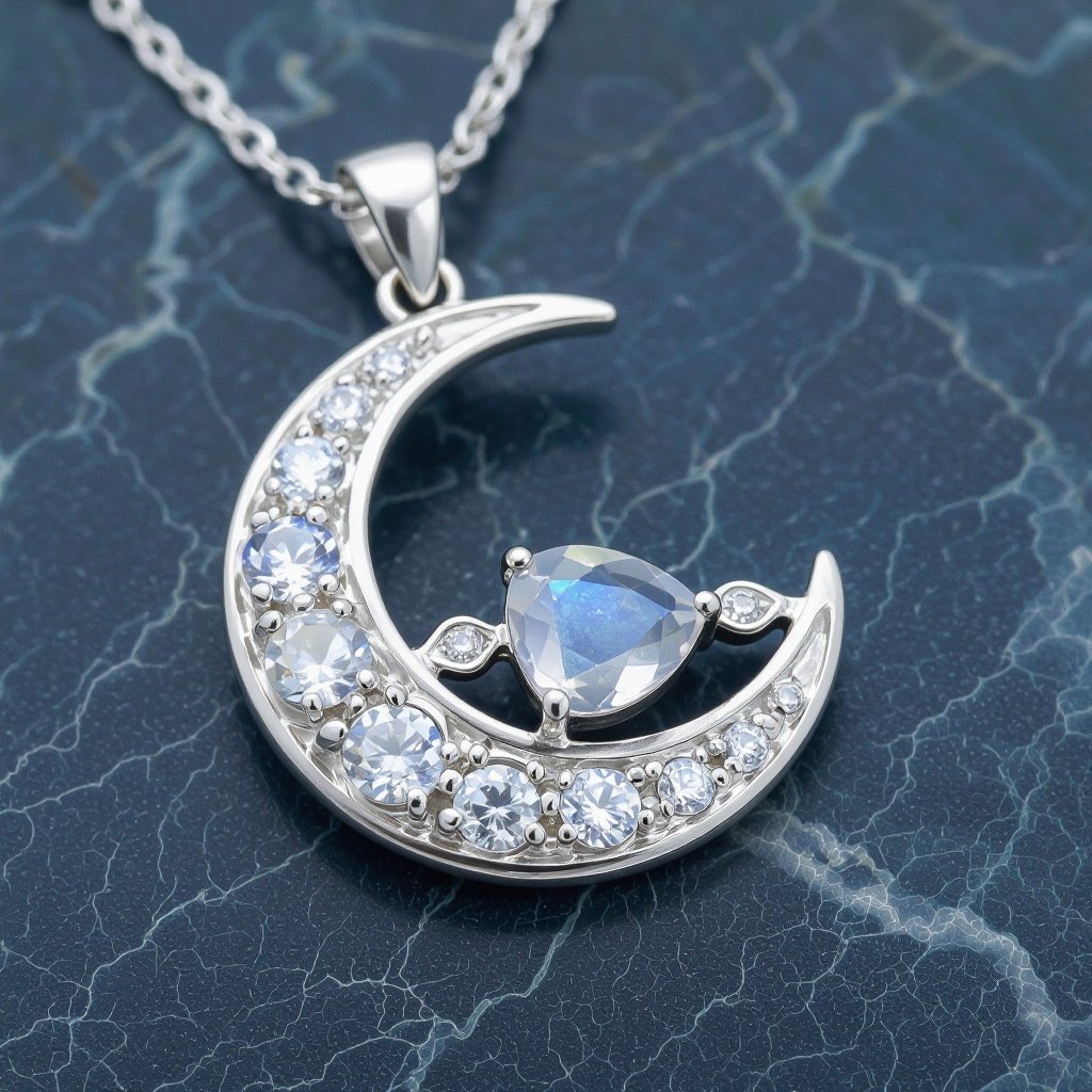 Луна полумесяцем и маленький в виде кристала лунный камень подвеска
