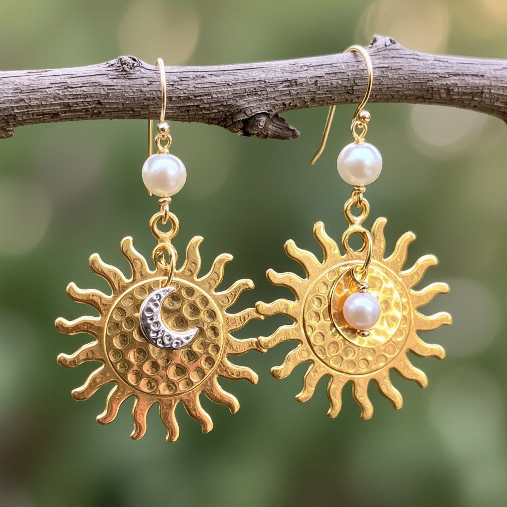 Золотые серьги словно мятое золото в форме солнца с волнистыми лучами, в центре солнца круглая дыра. крепится к застежке серьги. К нижней части солнца крепятся подвески: миниатюрная серебристая луна, очень маленький жемчуг и маленький золотой кружочек с мятым эффектом плоский