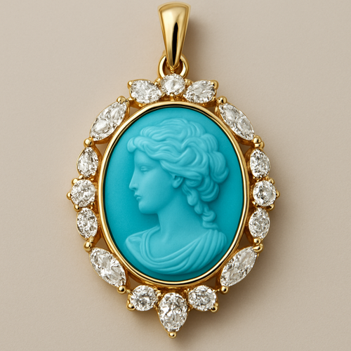 oval turquise pendant usingg pear marquise round diamond