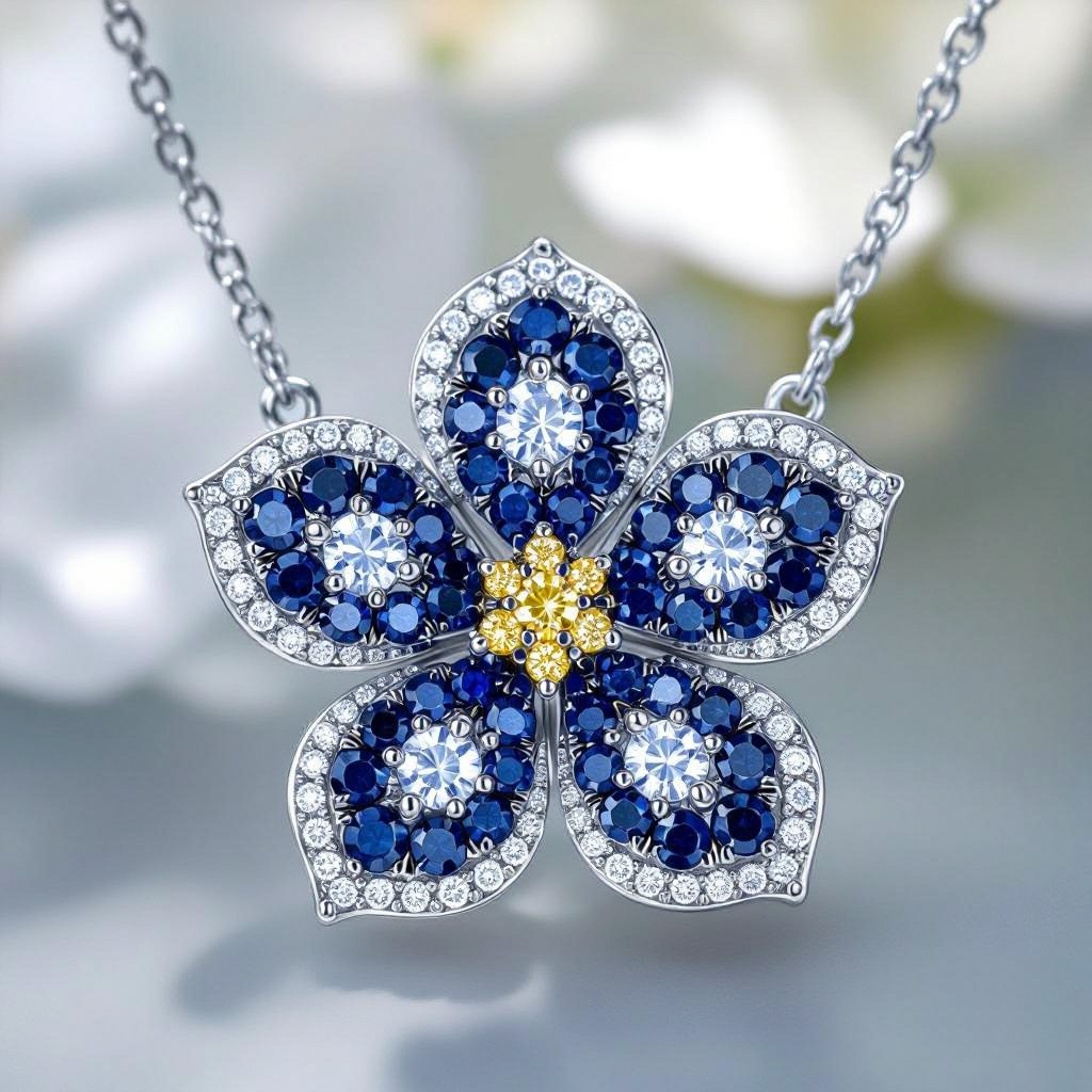 I want to create a necklace inspired by the forget me not flower.  The petals are formed using paved light blue sapphires and diamond. The center stone is yellow and black diamonds.