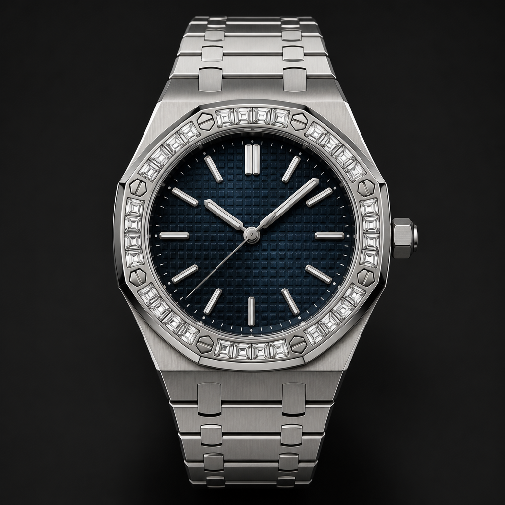 A modern women's watch made of titanium. men ap with moissanite stone black and blue face
photorealistic jewelry design, A modern women's watch made of titanium. men ap with moissanite stone black and blue face, modern style, just the design no text