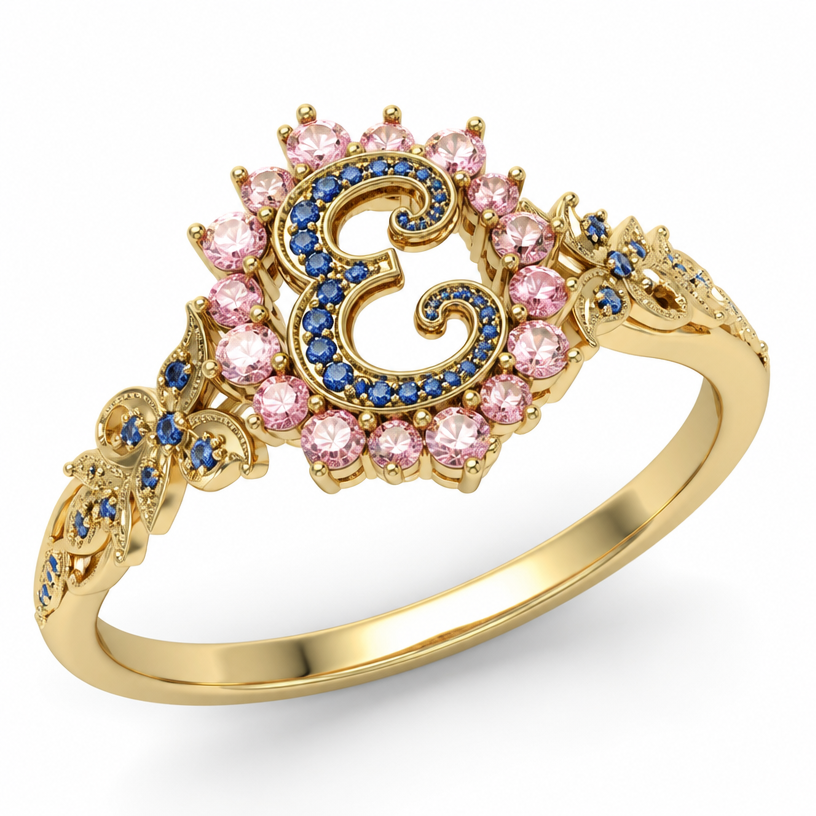 A minimalist women's ring, highly ornate, intricate and elaborate, richly detailed. um anel de 15 anos na cor dourada com inicial E com pedrinhas azul e pedrinhas rosa em volta
using the attached image as a visual reference, create A minimalist women's ring, highly ornate, intricate and elaborate, richly detailed. um anel de 15 anos na cor dourada com inicial E com pedrinhas azul e pedrinhas rosa em volta. photorealistic, just the design no text
