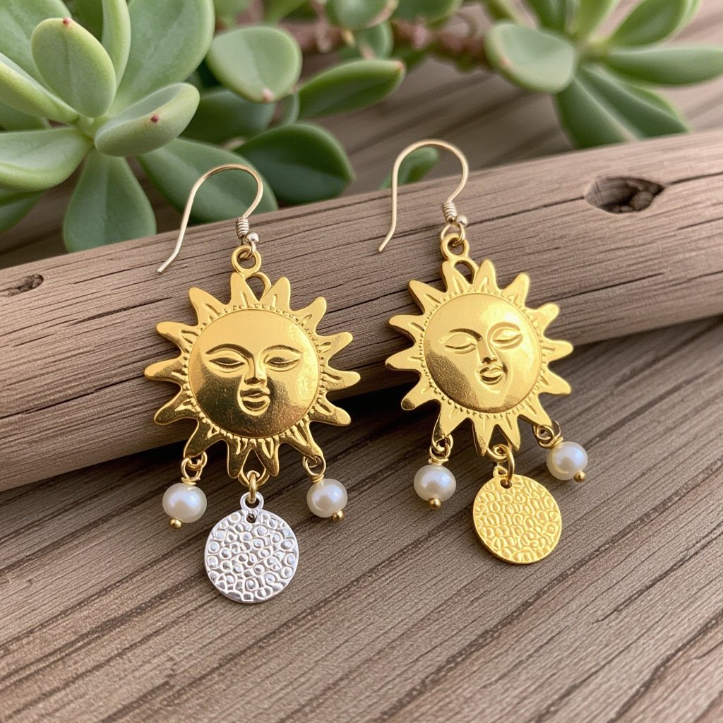 Золотые серьги словно мятое золото в форме горящего солнца с волнистыми лучами, в центре солнца круглая дыра. крепится к застежке серьги. К нижней части солнца крепятся подвески: миниатюрная серебристая луна, очень маленький жемчуг и маленький золотой кружочек с мятым эффектом плоский