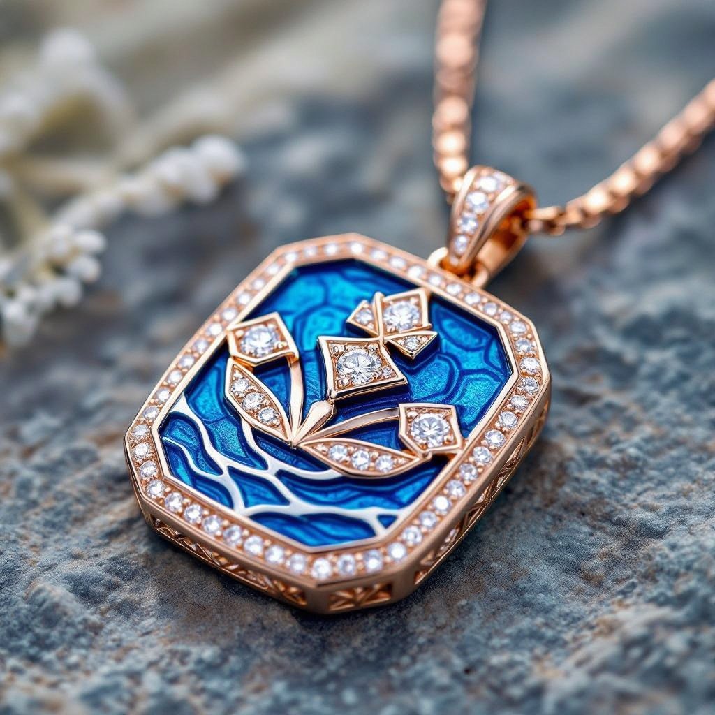 Men big Pendant of different colors Geomatric edge of diamonds shaded of edge element in water background and vibes Rose gold , geometric diamonds, bezel set.  motif, blue enamel. Rose gold , geometric diamonds, bezel set.  motif, blue enamel.