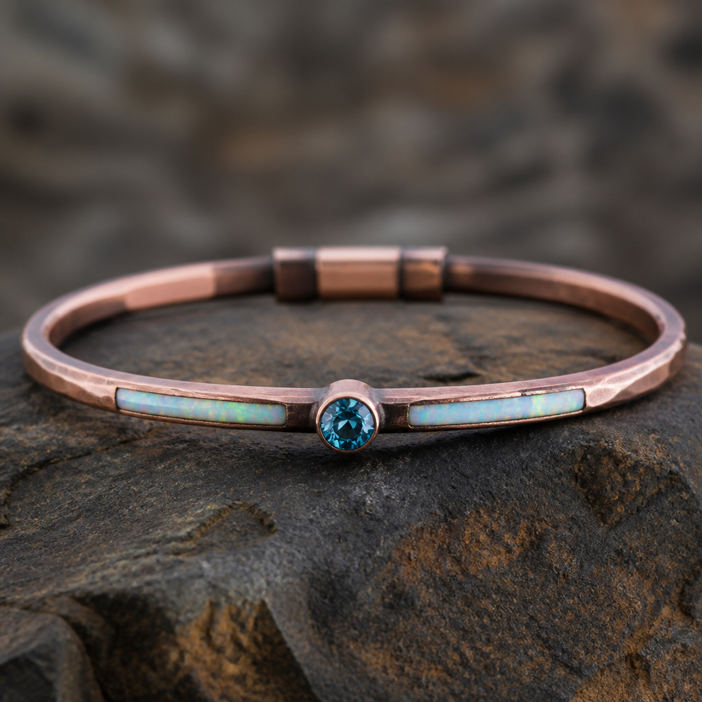 A minimalist men's bracelet made of copper with topaz and opal stones suitable for daily wear
photorealistic jewelry design, A minimalist men's bracelet made of copper with topaz and opal stones suitable for daily wear, minimalist style, just the design no text