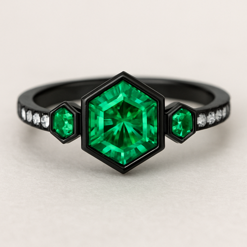 Hexagon cut, emeralds top and bottom, stones on the side, black band 