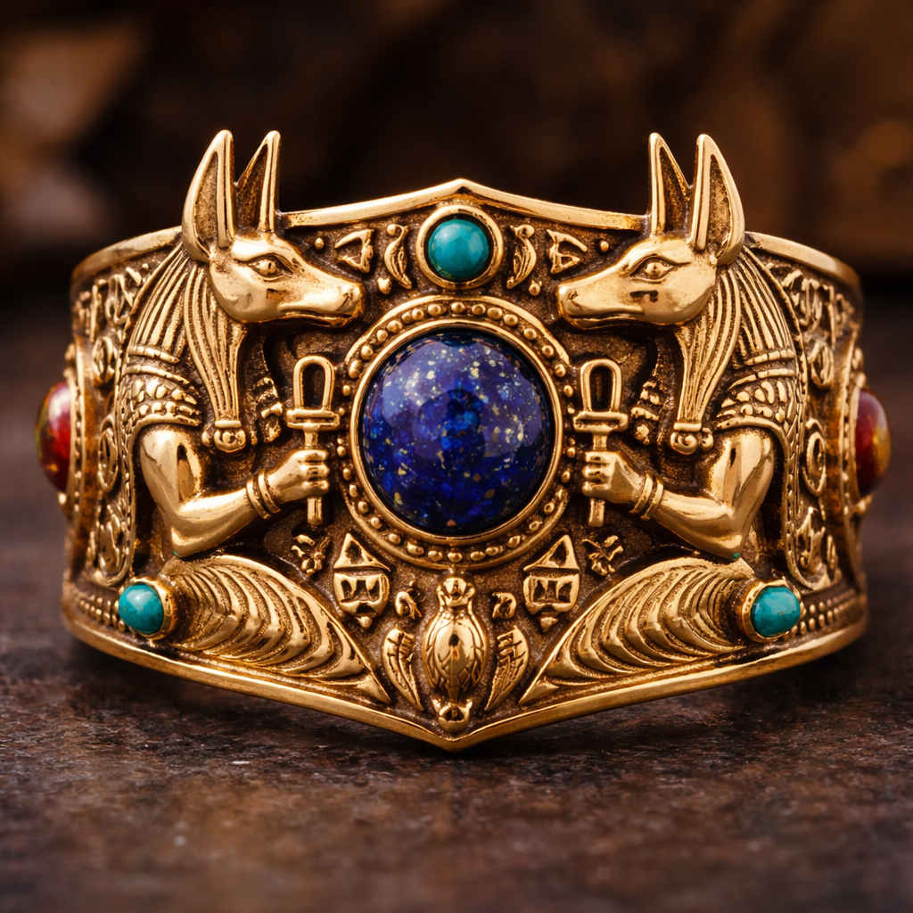 A gold ring with Egyptian jackal men on it
A gold ring with Egyptian jackal men on it, egyptian style