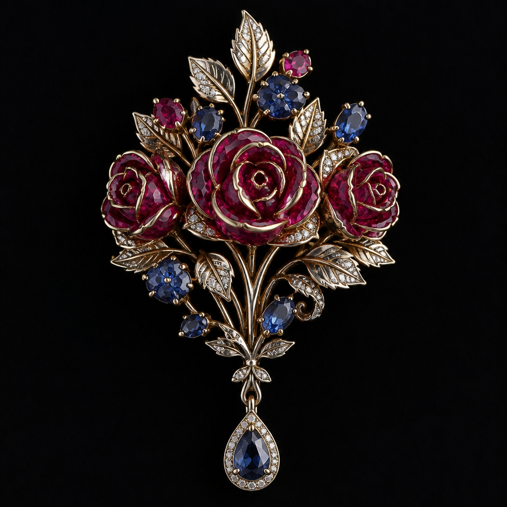 Roses with Ruby and royal blue sapphires
photorealistic jewelry design, Roses with Ruby and royal blue sapphires , victorian style, just the design no text
