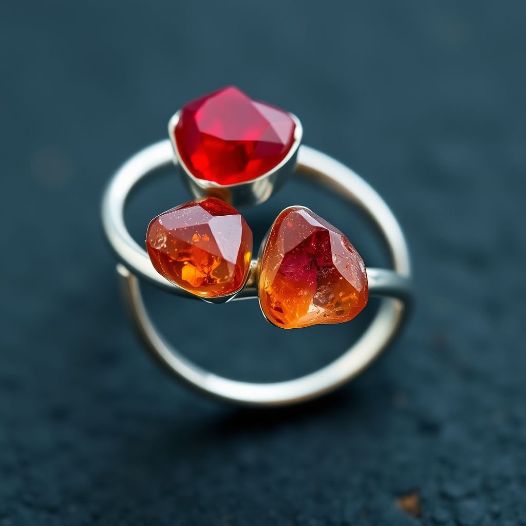 Craft a minimalist silver adjustable ring that delicately embraces the finger. Feature two striking raw natural gemstones—allowing their organic textures and colors to stand out. The design exudes earthy elegance, merging modern style with raw, untamed nature.