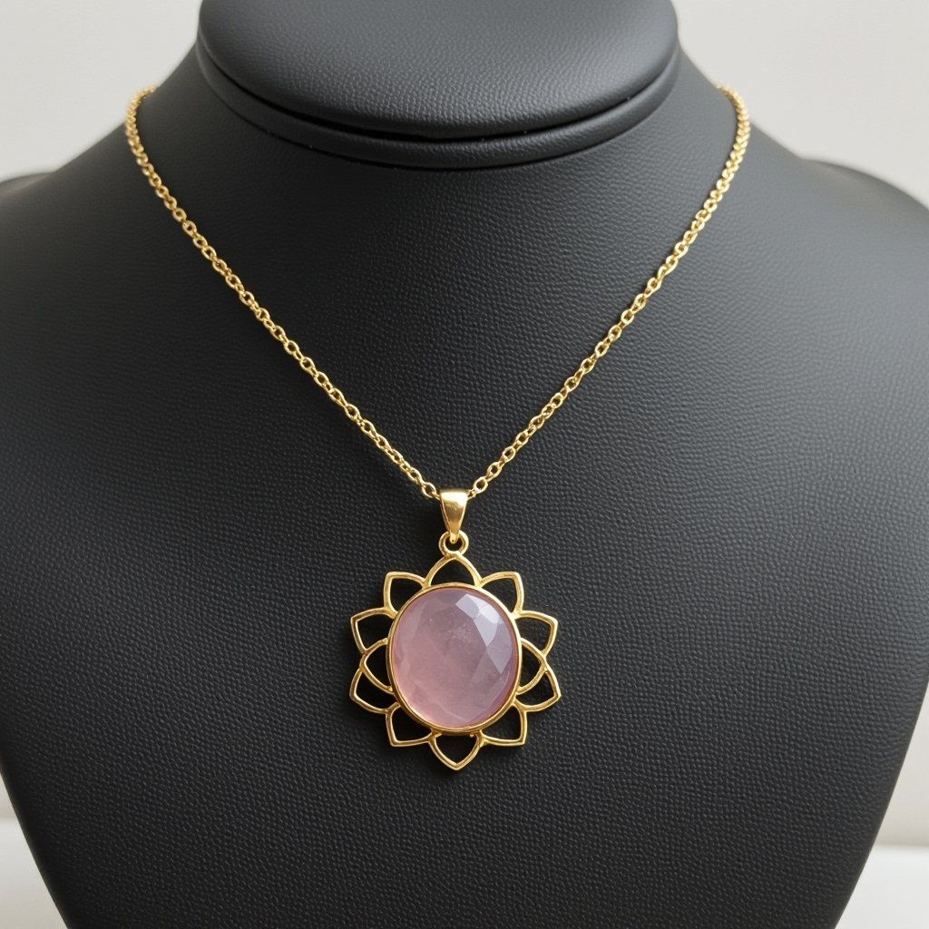 Золотая матовая цепочка. Подвеска матовая лотос шесть лепестков нижние лепестки крупнее верхних  не круглый . В сердце лотоса матовый розовый кварц овальный