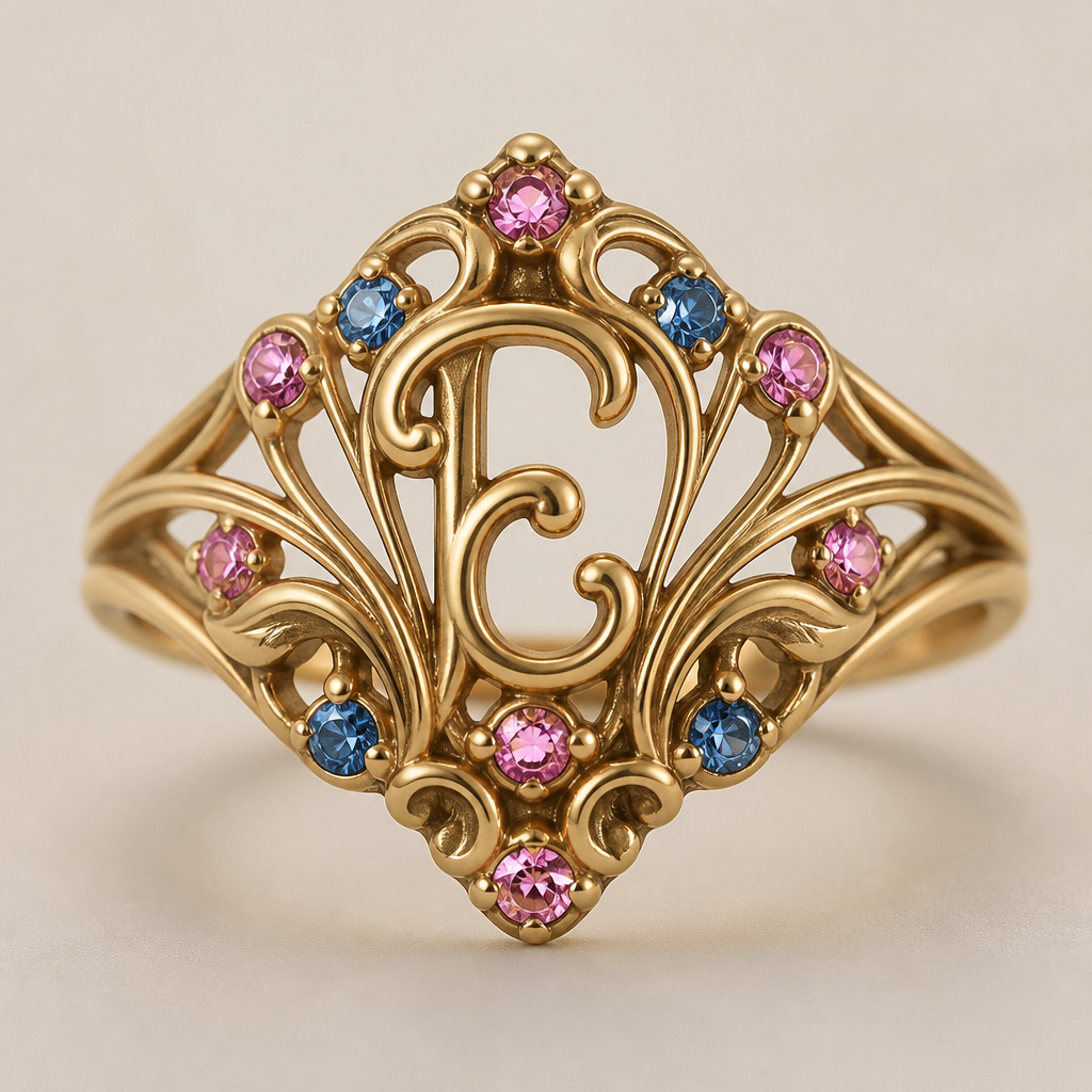 A art nouveau women's ring made of gold, detailed and decorative, moderately ornate. um anel de 15 anos com inicial E com pedrinhas azul e pedrinhas rosa em volta
photorealistic jewelry design, A art nouveau women's ring made of gold, detailed and decorative, moderately ornate. um anel de 15 anos com inicial E com pedrinhas azul e pedrinhas rosa em volta, art_nouveau style, just the design no text