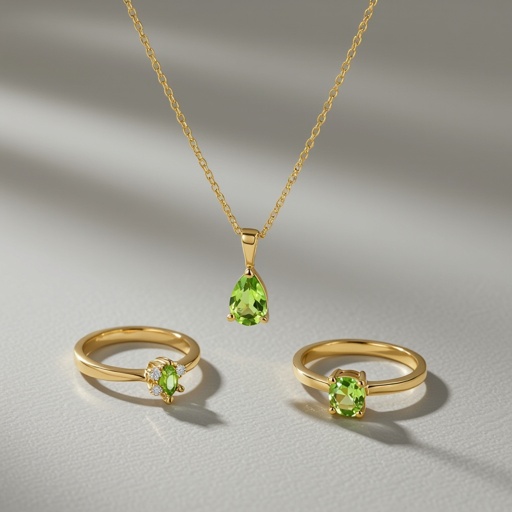 Necklace and earring and rings within peridot and diamond with gold