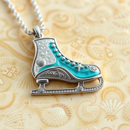 Silver Pendant shape one ice skate with turquoise stripe inside the low thin part blade