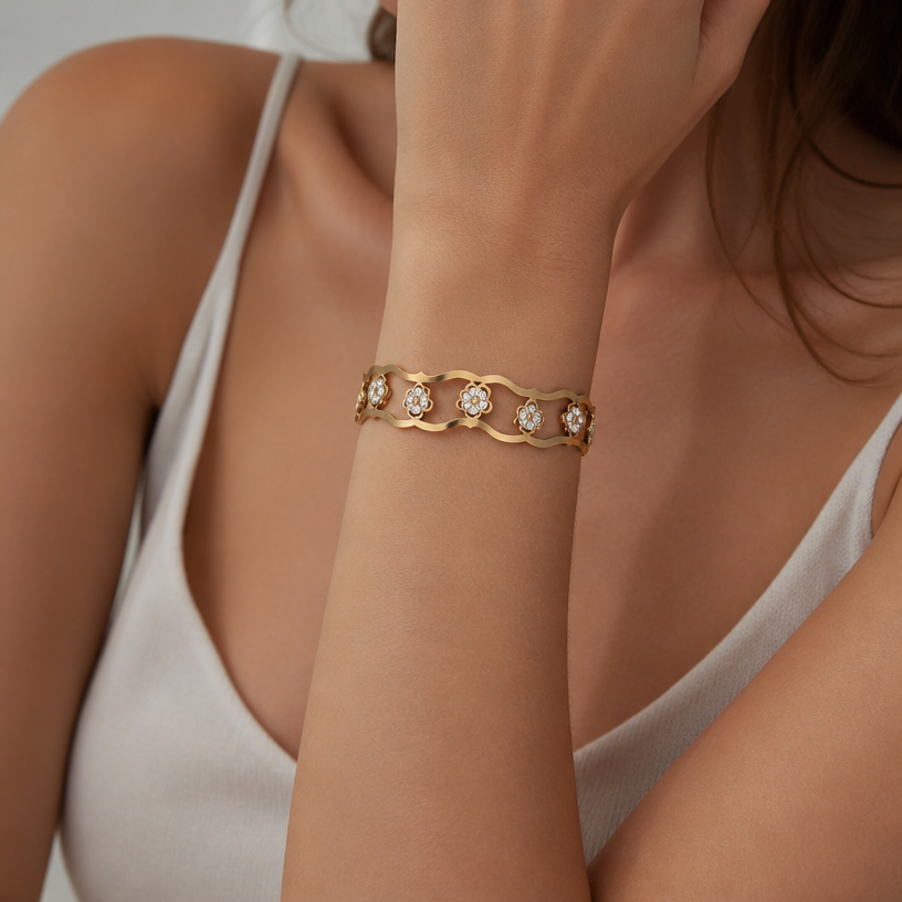 A women's bracelet. coloca o Bracelete na modelo
using the attached image as a visual reference, create A women's bracelet. coloca o Bracelete na modelo. photorealistic, just the design no text