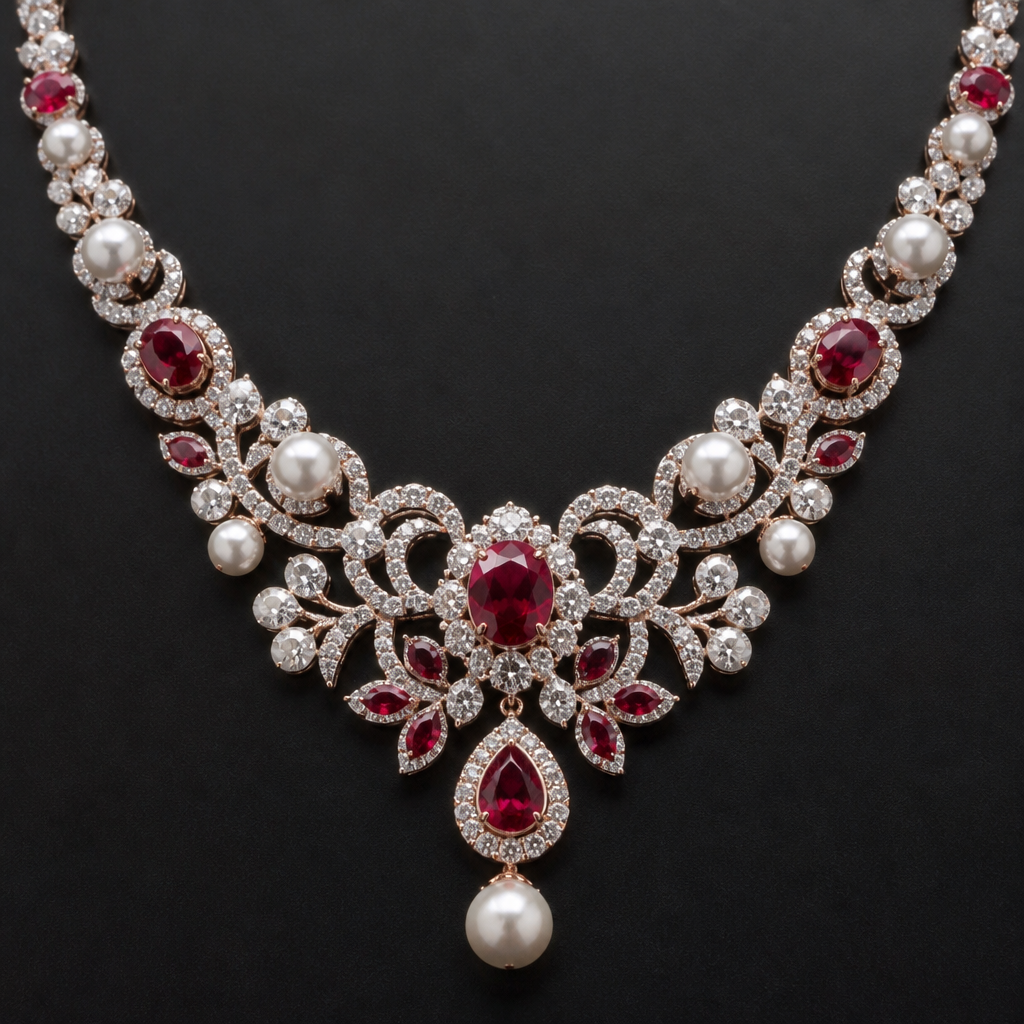 A classic women's necklace with pearl and diamond and ruby stones suitable for wedding
photorealistic jewelry design, A classic women's necklace with pearl and diamond and ruby stones suitable for wedding, classic style, just the design no text