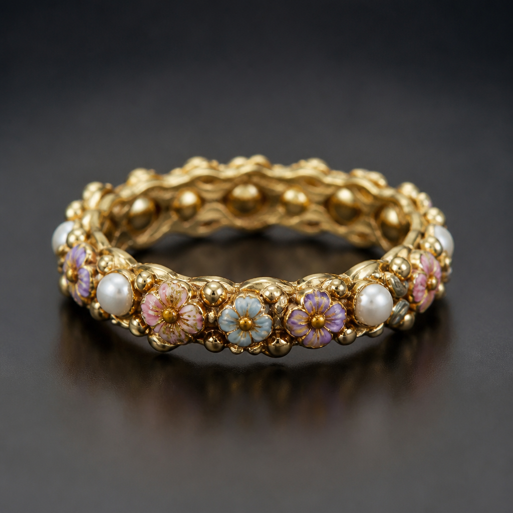 One band with pearls and mini multicolored daisies and gold pearls going around
photorealistic jewelry design, One band with pearls and mini multicolored daisies and gold pearls going around , victorian style, just the design no text